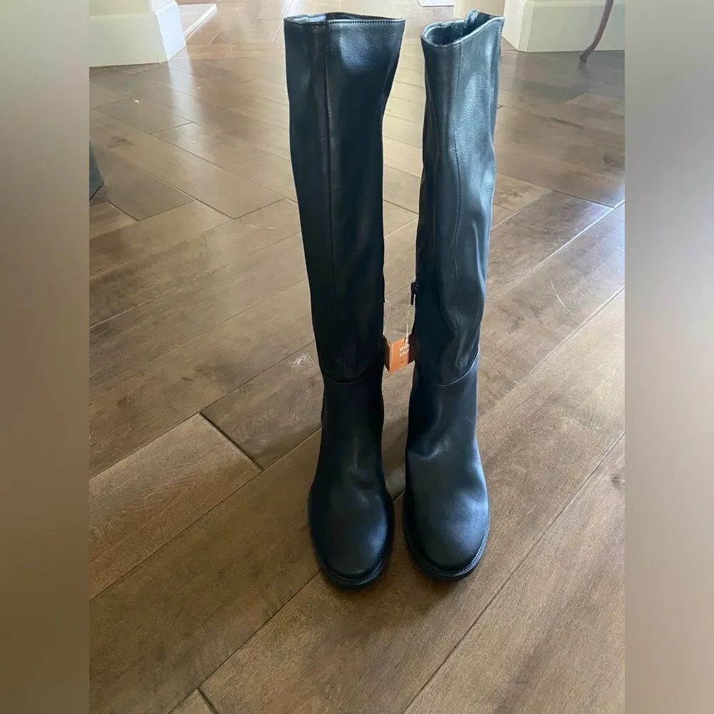 Zodiac Riona Knee High Black Boot, Stacked Heel, Sz 11 Wide Calf